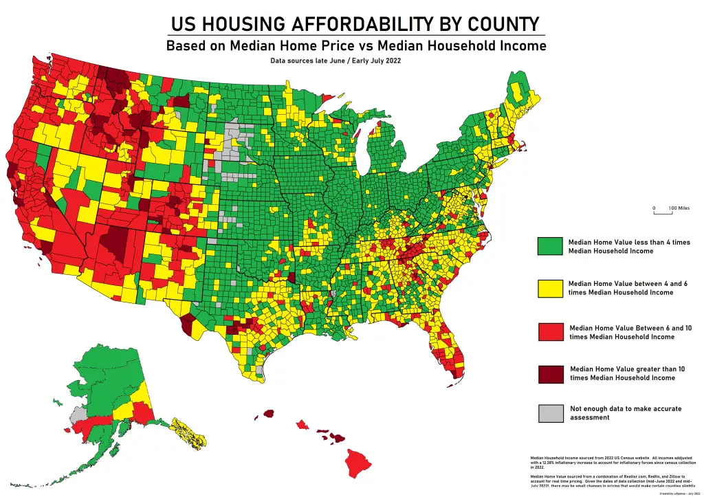 US Housing affordability by county as of July 2022
