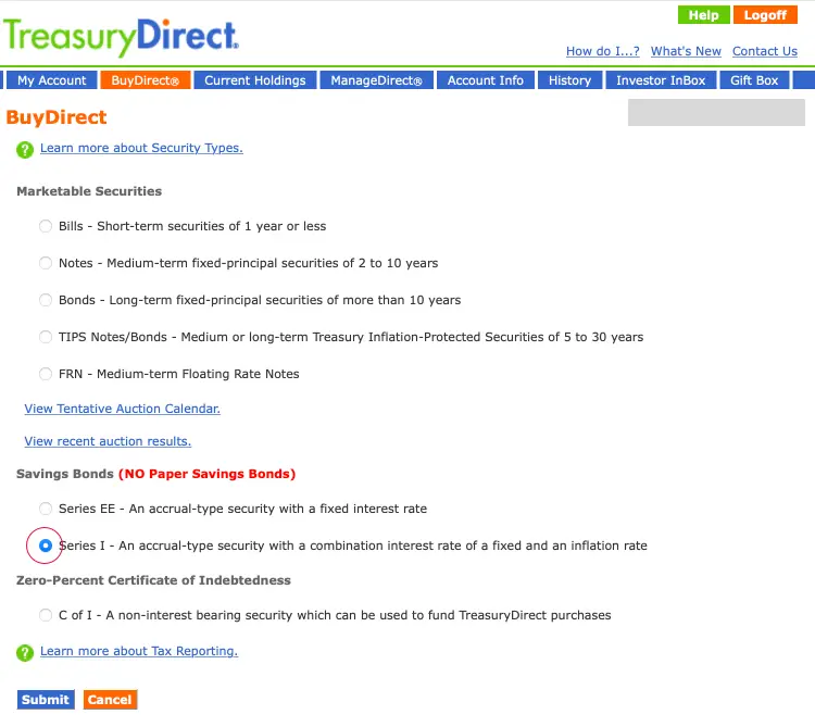 Screenshot of TreasuryDirect I-Bonds purchasing page