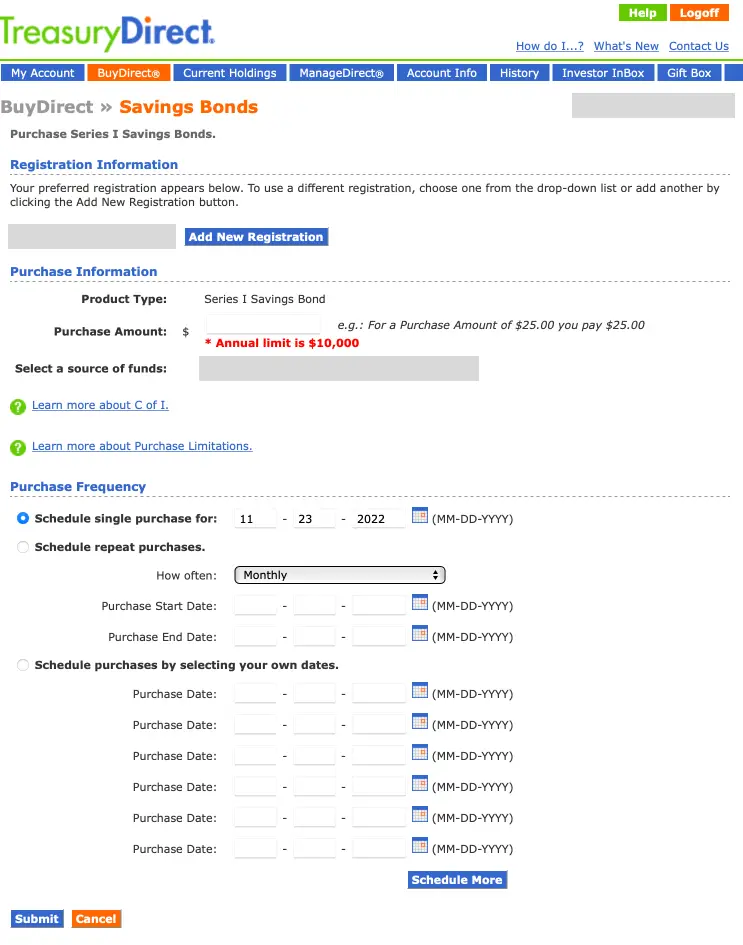 Screenshot of TreasuryDirect I-Bonds purchasing page